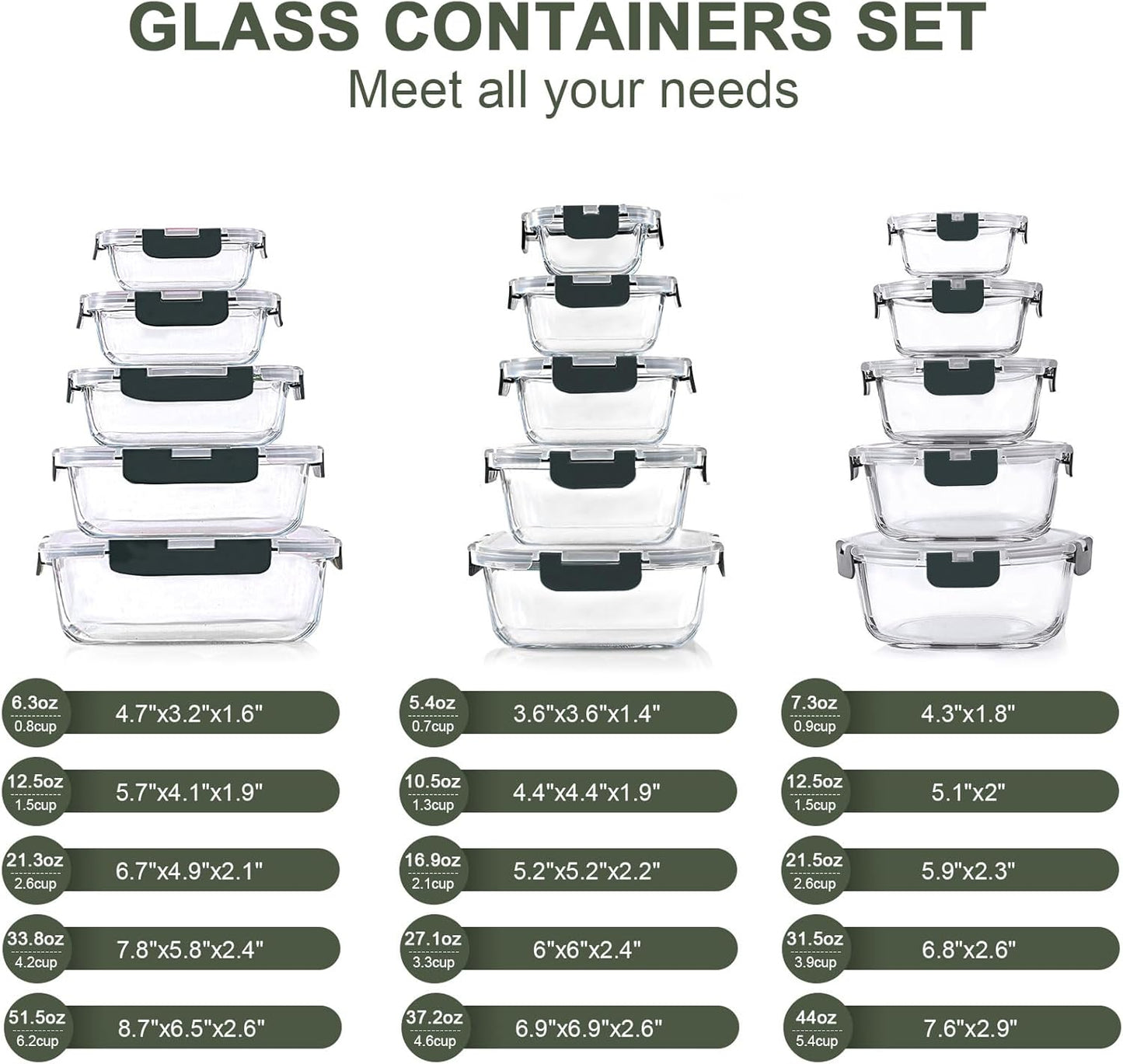 30 Pieces Glass Food Storage Containers Set, Glass Meal Prep Containers Set with Snap Locking Lids, Airtight Lunch Containers for Microwave, Oven, Freezer & Dishwasher,Gray