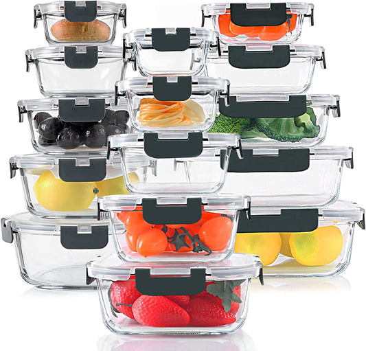 30 Pieces Glass Food Storage Containers Set, Glass Meal Prep Containers Set with Snap Locking Lids, Airtight Lunch Containers for Microwave, Oven, Freezer & Dishwasher,Gray