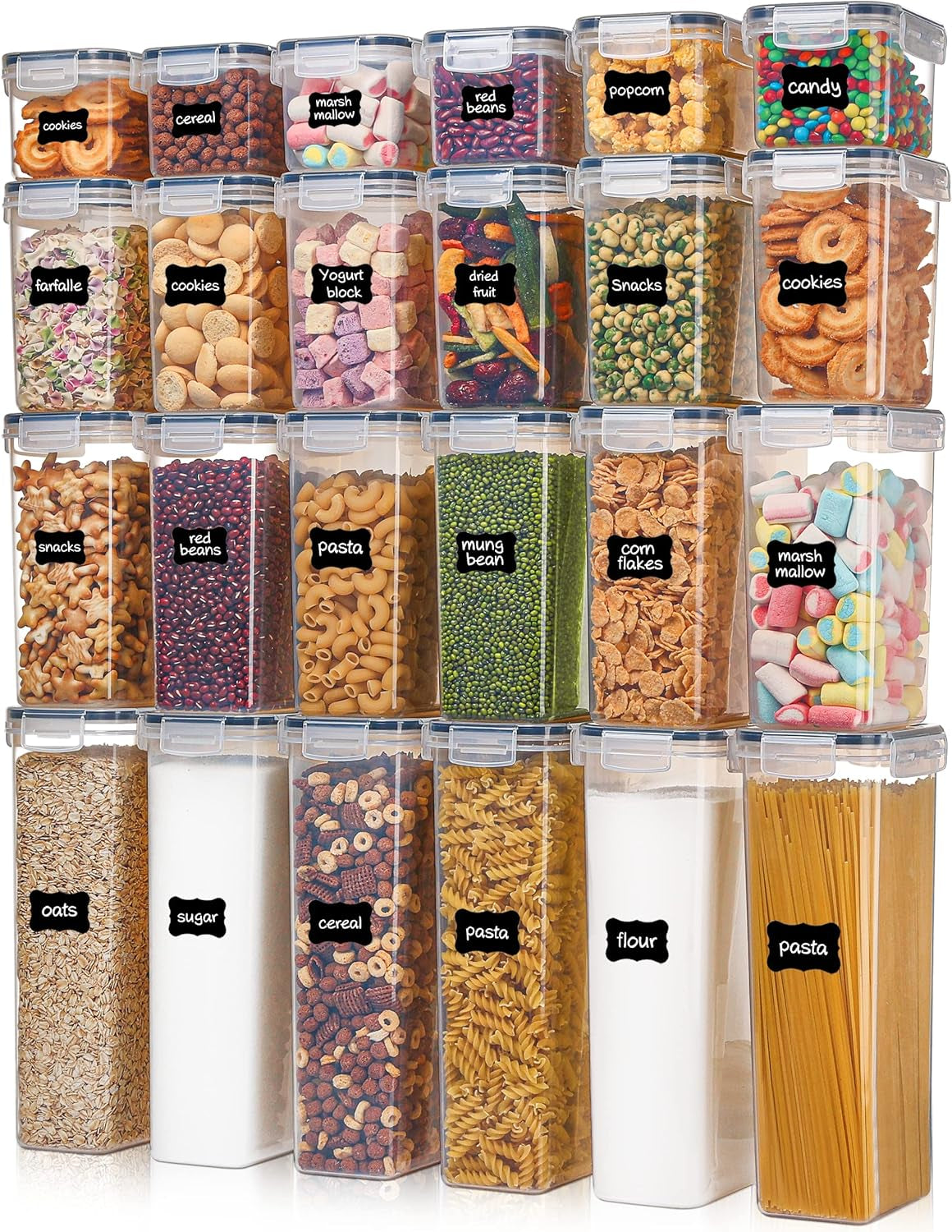 Airtight Food Storage Containers with Lids, 24 Pcs Plastic Kitchen and Pantry Organization Canisters for Cereal, Dry Food, Flour and Sugar, BPA Free, Includes 24 Labels