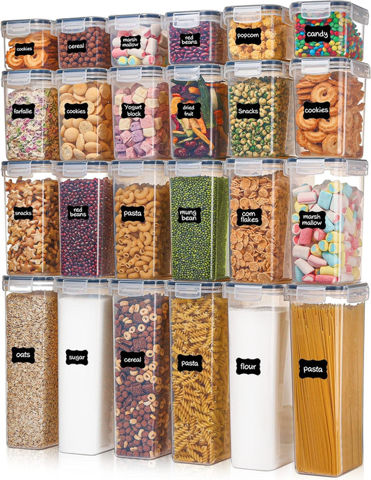 Airtight Food Storage Containers with Lids, 24 Pcs Plastic Kitchen and Pantry Organization Canisters for Cereal, Dry Food, Flour and Sugar, BPA Free, Includes 24 Labels