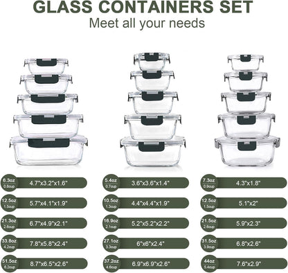 30 Pieces Glass Food Storage Containers Set, Glass Meal Prep Containers Set with Snap Locking Lids, Airtight Lunch Containers for Microwave, Oven, Freezer & Dishwasher,Gray